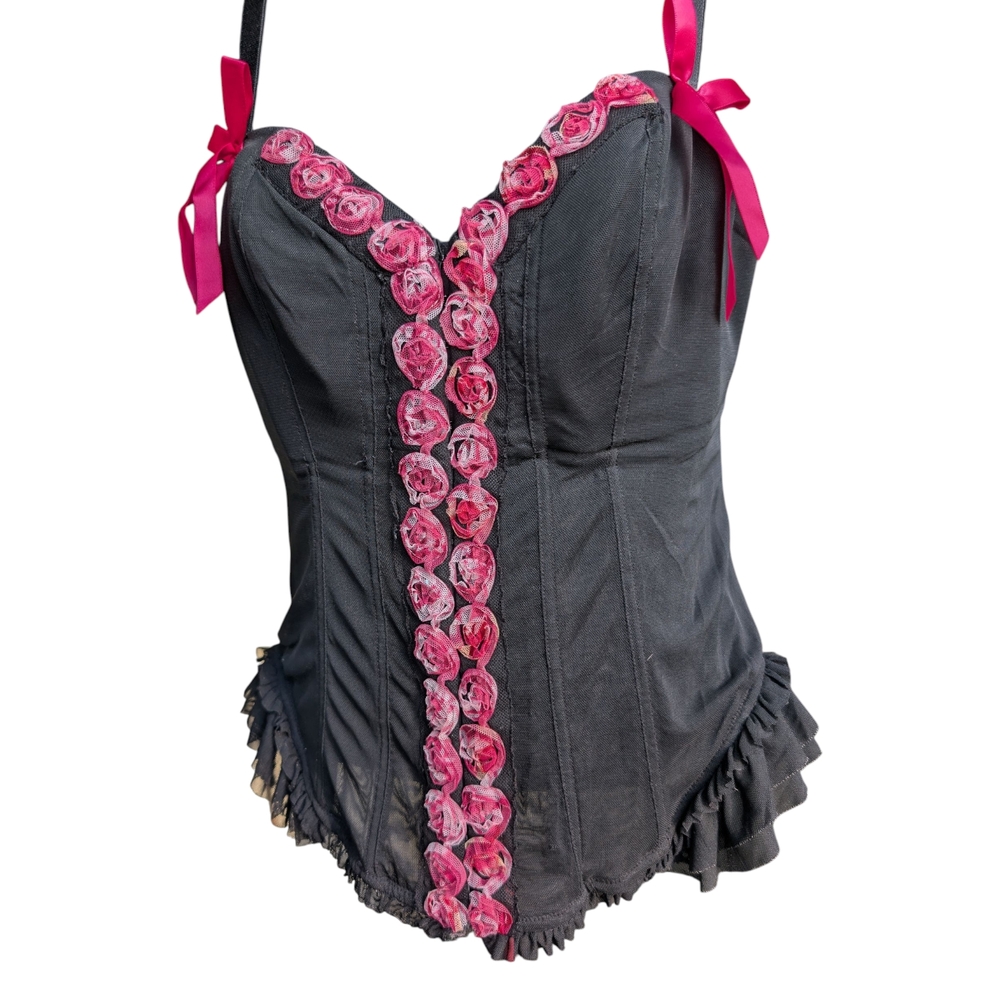 Cacique Black Corset with Pink Ribbon Details